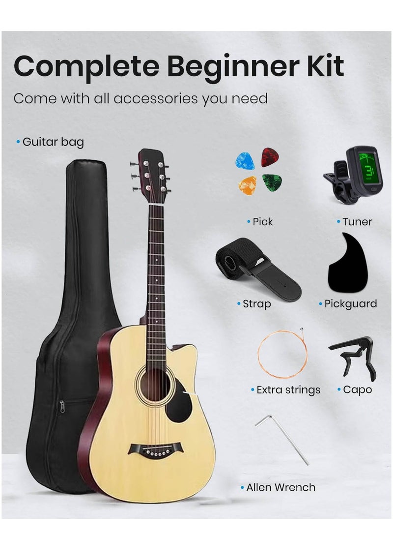 Kabat 38 inch Beginner Acoustic Guitar Natural Basswood Cutaway Guitarra Starter Kit with Gig Bag Stap Learning Book Strings Strap Tuner Picks Capo Cleaning Cloth  - Image 2