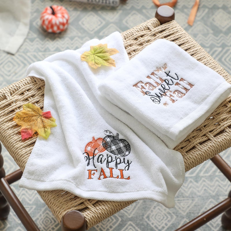 NEWLIGHTURE Fall Hand Towels Set of 2 - 100% Cotton Embroidered Pumpkin Decorative Kitchen and Bathroom Dish Towels  Thanksgiving Gift  14x29 Inches - Image 1