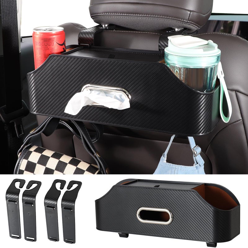 Sancaral Car Rear Backseat Extra Multifunctional Drink Cup Holder Organizers with Tissue Storage Box Organizer & Hooks for Car Seat Back. imitation carbon fiber texture - Image 1