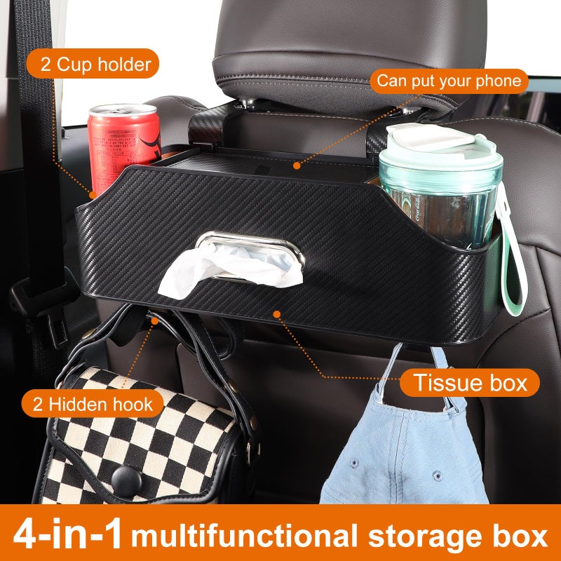 Sancaral Car Rear Backseat Extra Multifunctional Drink Cup Holder Organizers with Tissue Storage Box Organizer & Hooks for Car Seat Back. imitation carbon fiber texture - Image 2