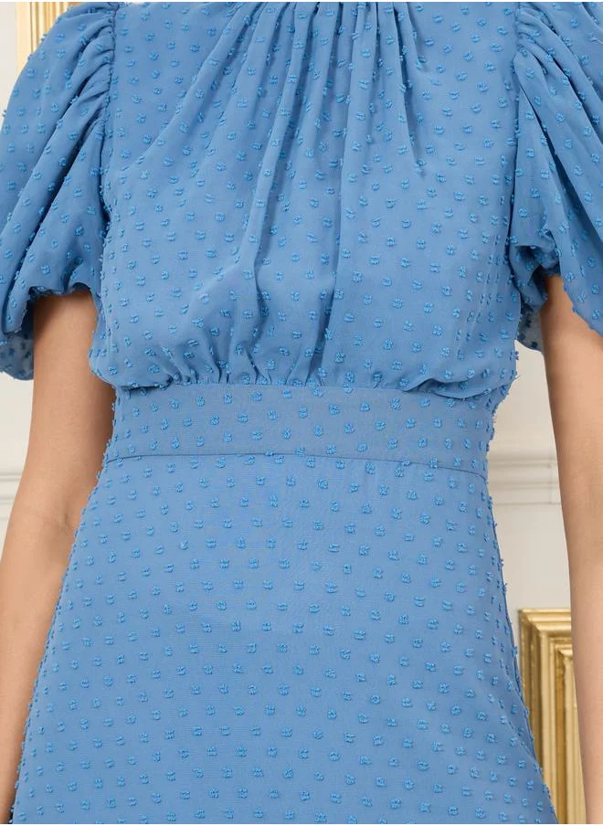 ستايلي Dobby Gathered Detail Balloon Sleeves High Neck A-Line Midi Dress