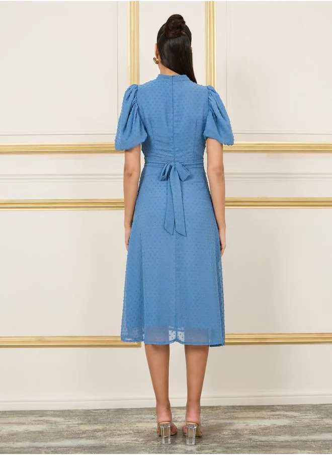 ستايلي Dobby Gathered Detail Balloon Sleeves High Neck A-Line Midi Dress