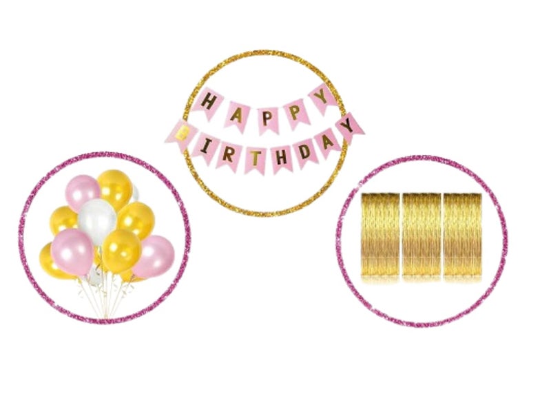 Amit Marketing Happy Birthday Decoration Kit Combo - Fringe Foil Curtains, Banner & Latex Metallic Balloons I Decorations for Kids, Girls, Adult Birthday I Party Decor items I Set of 35 - Image 1