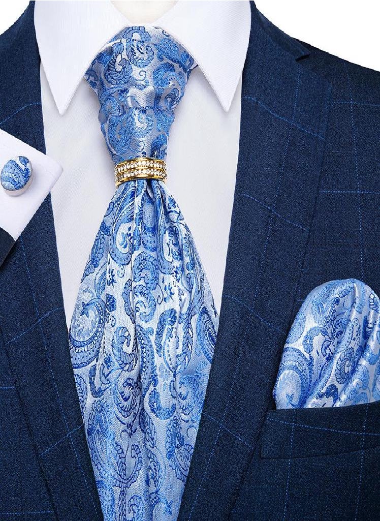 Eckek - Ascot Tie for Men Gold Ring Novelty Paisley Ascot Tie Silk Cravat Hanky Cufflinks Set Dibangu - Image 1