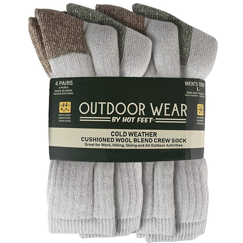 HOT FEET 4 Pack Work Socks for Men & Women - Breathable Boot Hiking Socks, Moisture Wicking Thick Wool Socks, Sizes 6-12.5, Man, Green & Brown - Image 1