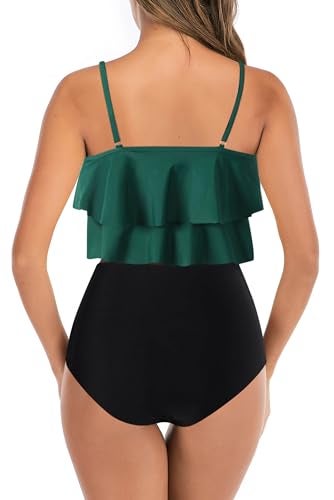 Adisputent Womens High Waisted Bathing Suits Flounce Halter Tank Top Bikini Bottoms Tummy Control Modest Swimwear Two Piece Swimsuits Tankini Blackish Green M - Image 2