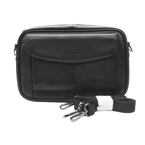 Vidlea Mens Handbag Cowhide Leather Messenger Bag Organizer Checkbook Wallet Purse with Wristlet Crossbody Shoulder Strap (Black) - Image 1