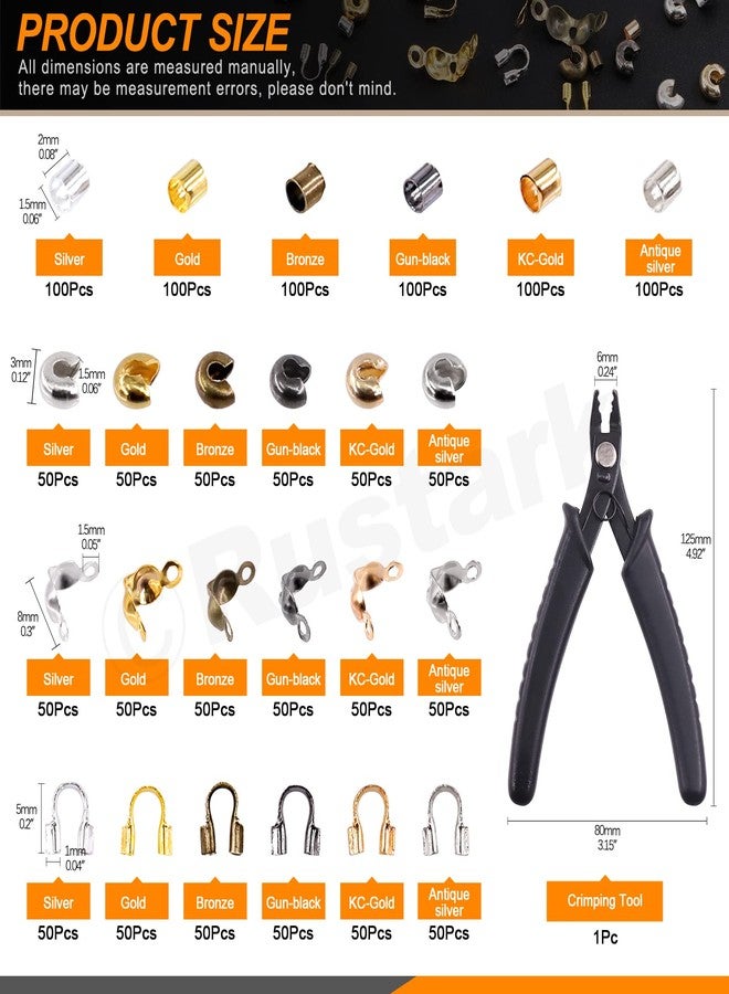 Rustark 1501Pcs Crimp Beads Covers with Bead Crimping Pliers Tool Assortment Kit Brass Crimp Beads Tips Knot Covers Wire Guardians Fold Over Clamshell Crimp Beads Tubes for Jewelry Making DIY Crafts - Image 2