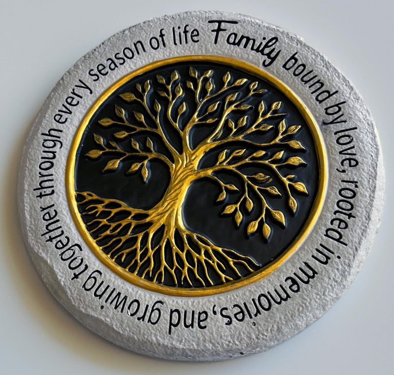 VEOJEIN Family Tree Garden Stepping Stone, 9.45 Inch Round, Gold Tree of Life Design, Weather-Resistant Outdoor Decor - Image 1