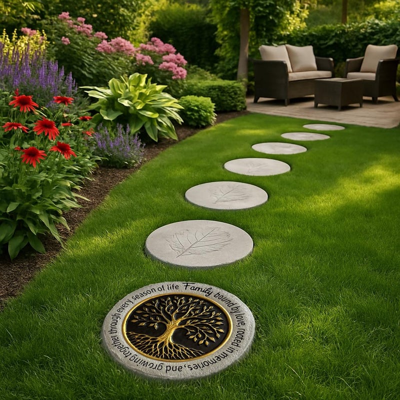 VEOJEIN Family Tree Garden Stepping Stone, 9.45 Inch Round, Gold Tree of Life Design, Weather-Resistant Outdoor Decor - Image 3
