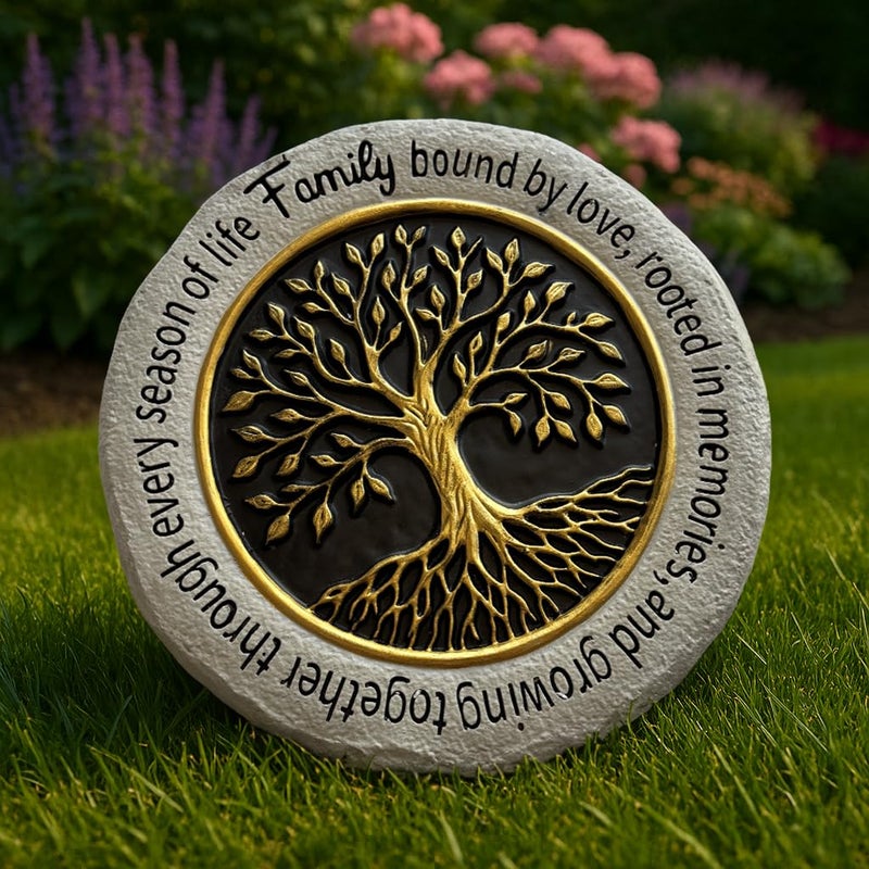 VEOJEIN Family Tree Garden Stepping Stone, 9.45 Inch Round, Gold Tree of Life Design, Weather-Resistant Outdoor Decor - Image 2
