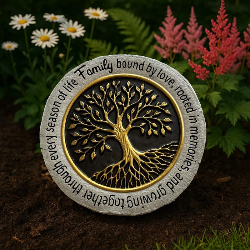 VEOJEIN Family Tree Garden Stepping Stone, 9.45 Inch Round, Gold Tree of Life Design, Weather-Resistant Outdoor Decor - Image 4