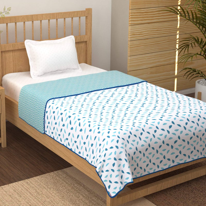 Story@Home Single Bed Dohar | 100% Pure Cotton Dohar | 150GSM Dohar Single Bed | 144 X 220cm | Single Dohar Blanket | Ac Dohar Single Bed | White- Blue Blanket, Leaf Pattern Duvet | Ideal for Gifting - Image 2