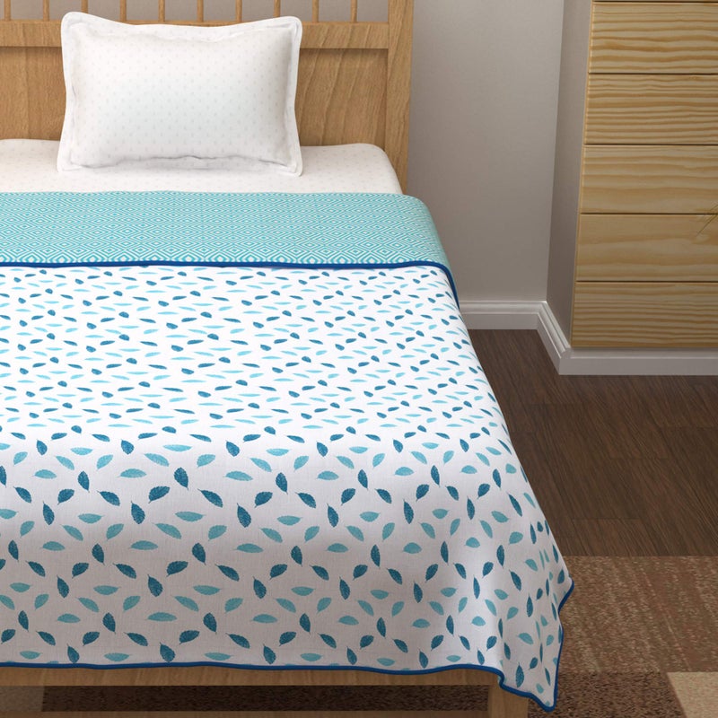 Story@Home Single Bed Dohar | 100% Pure Cotton Dohar | 150GSM Dohar Single Bed | 144 X 220cm | Single Dohar Blanket | Ac Dohar Single Bed | White- Blue Blanket, Leaf Pattern Duvet | Ideal for Gifting - Image 3