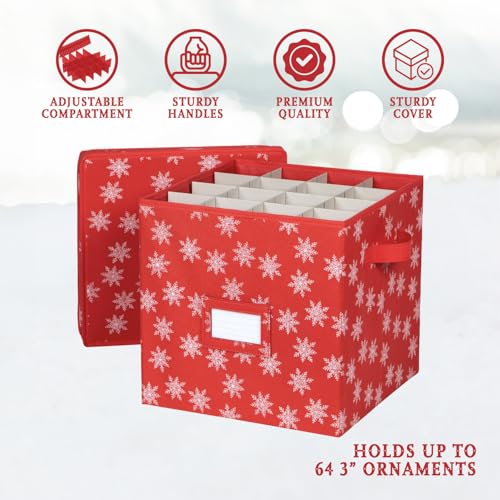 HOLDN’ STORAGE Christmas Ornament Storage Box with Lid - Christmas Decor Storage Containers that Store up to 64 Holiday Ornaments - Red/White Snowflakes - Image 3