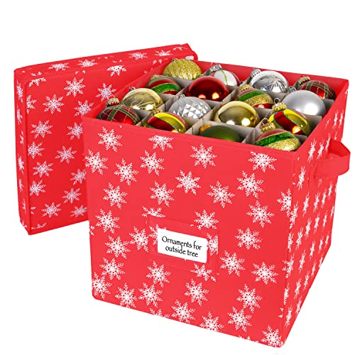 HOLDN’ STORAGE Christmas Ornament Storage Box with Lid - Christmas Decor Storage Containers that Store up to 64 Holiday Ornaments - Red/White Snowflakes - Image 1