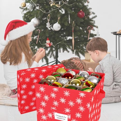 HOLDN’ STORAGE Christmas Ornament Storage Box with Lid - Christmas Decor Storage Containers that Store up to 64 Holiday Ornaments - Red/White Snowflakes - Image 2