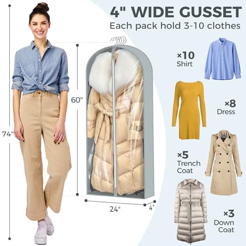 AURUZA 6 Pcs 60" Garment Bags for Hanging Clothes, Clear Suit Bags for Closet Storage Clothing Storage, Garment Bags Shoulder Covers with 4" Gussets for Coats, Jackets, Shirts and Sweater - Image 4