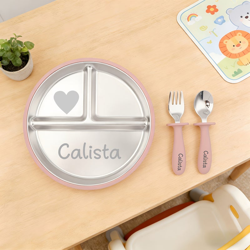 Blue Engraved Weaning Kit For Kids 304 Stainless Steel Dish Fork Spoon Set Easy Clean Drop Heat Resistant - Image 1