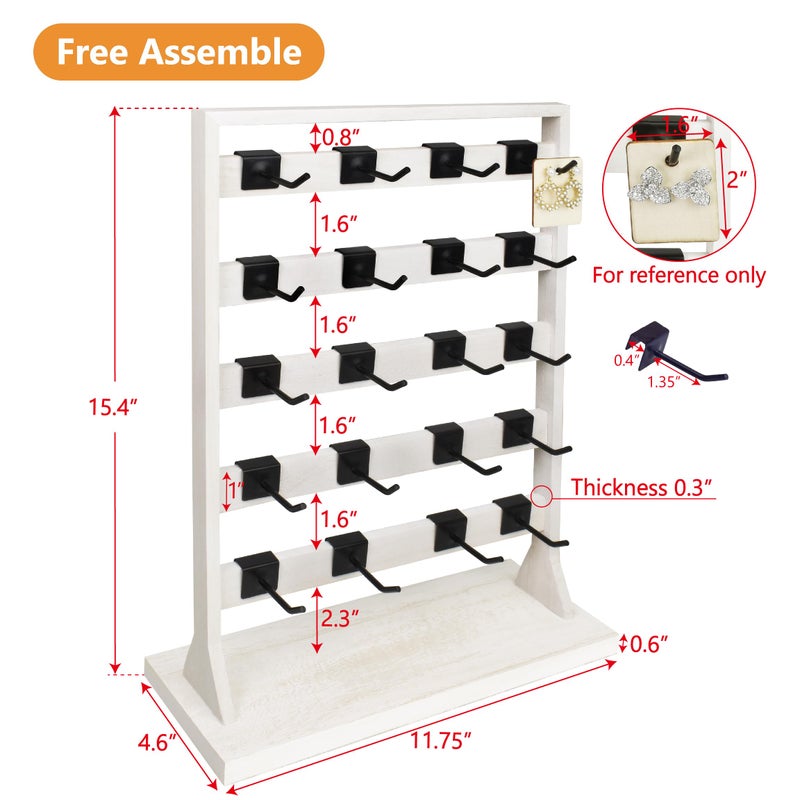 Ikee Design 5 Tiers Free Assemble Wooden Jewelry Display Rack with 20 Removable Metal Hooks,Earring Card Display Stand,Jewelry Organizer,Bracelet Keychain Stand, Wash White - Image 2