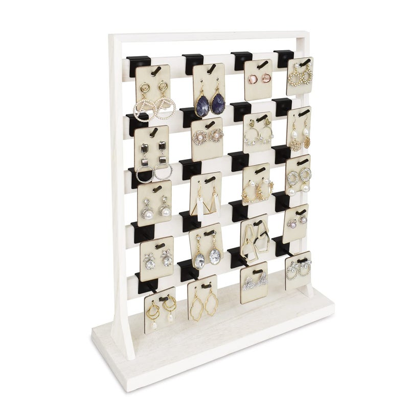 Ikee Design 5 Tiers Free Assemble Wooden Jewelry Display Rack with 20 Removable Metal Hooks,Earring Card Display Stand,Jewelry Organizer,Bracelet Keychain Stand, Wash White - Image 1