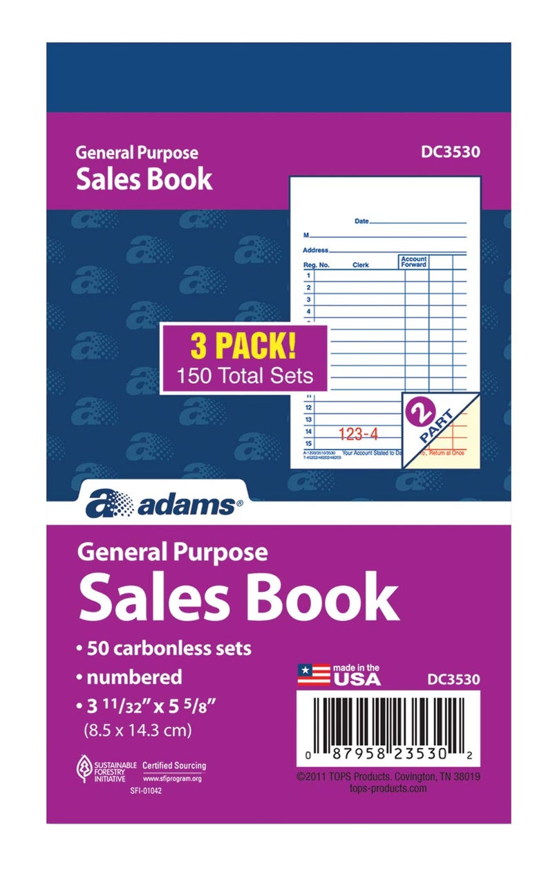ADAMS دفتر مبيعات عام من آدامز، 2 جزء، بدون كربون، أبيض/كناري، 3-11/32 × 5-5/8 بوصة، 50 مجموعة/دفتر، 3 دفاتر (DC3530) - Image 1