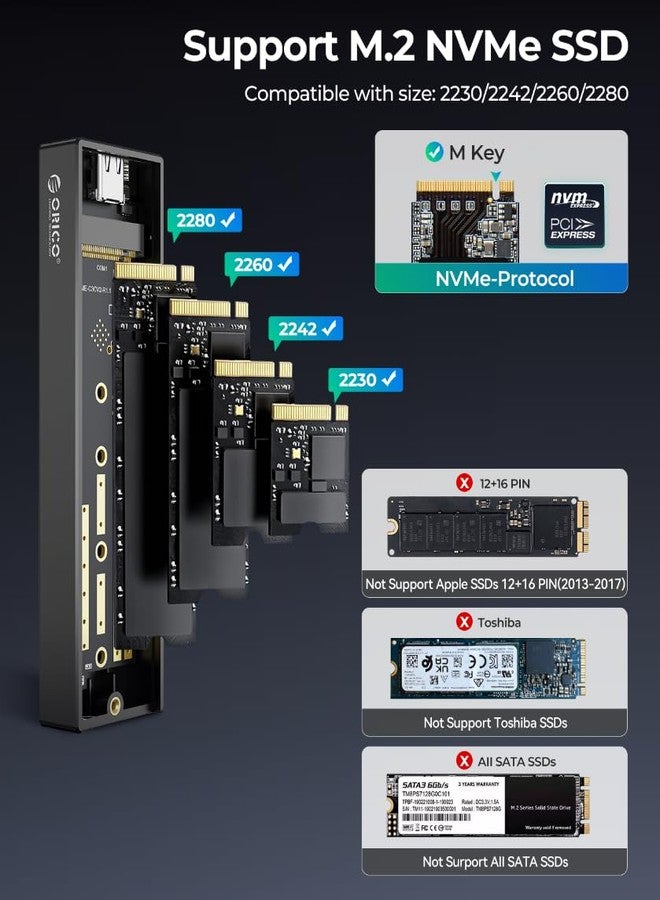ORICO M.2 NVMe SSD Enclosure, USB 3.1 Gen 2 (10 Gbps) PCIe External Adapter NVMe Case for 2230/2242/2260/2280 M.2 SSD up to 8TB, UASP Supported - M2PV - Image 3