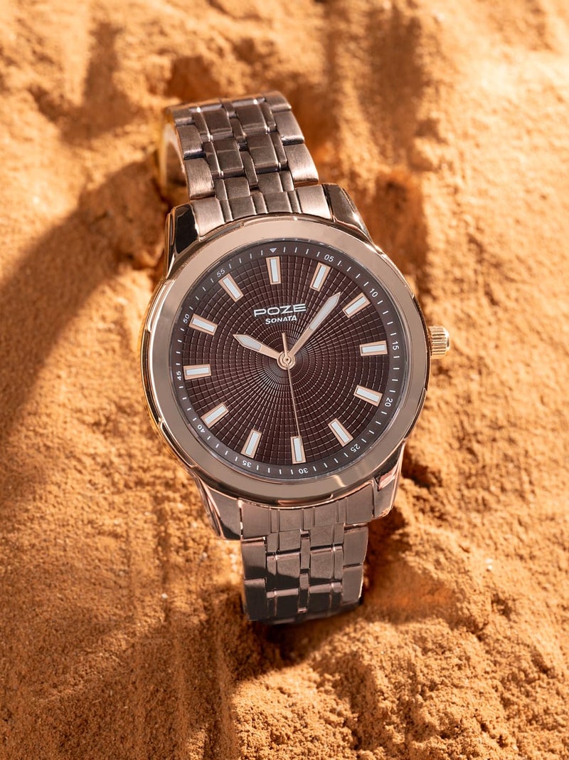 Sonata Poze 6 Cinnamon City Gents Quartz Brown Round Dial Men's Watch | Stainless Steel Strap Material | Watches for Men Analog - SP70080KM02 - Image 4
