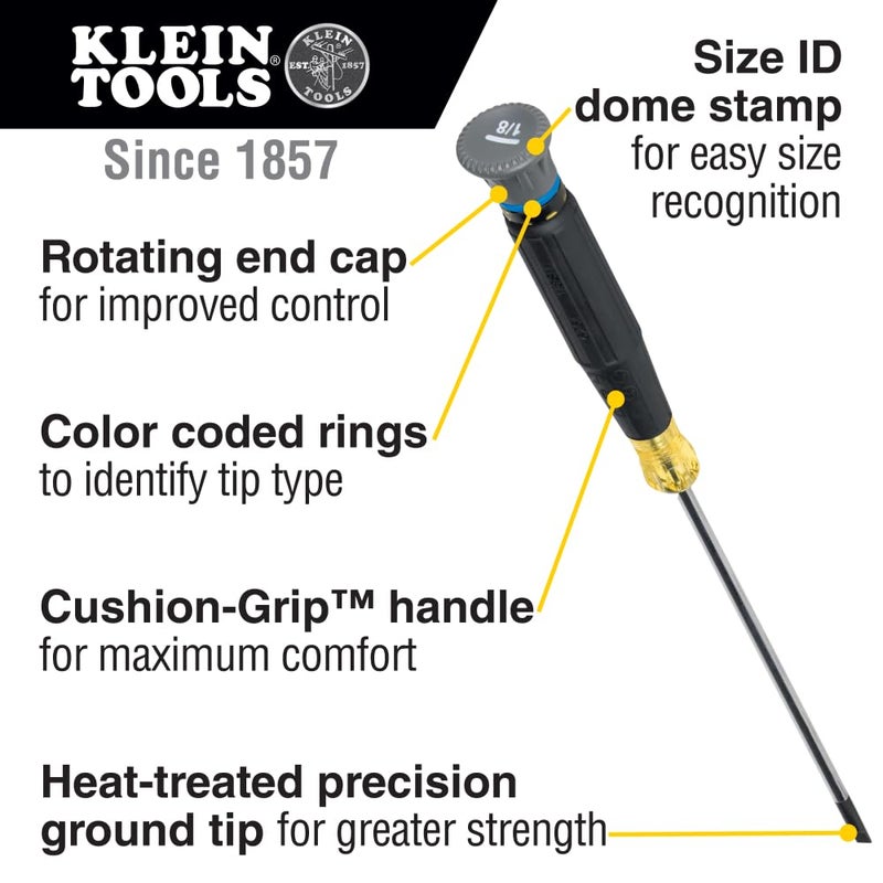 Klein Tools 6254 Mini Precision Screwdriver, 1/8-Inch Slotted, Features Cushion-Grip Handle, Rotating Cap, Color Coded Ring, 4-Inch Shank - Image 2