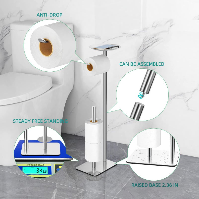 FEILERN Toilet Paper Holder Stand for Bathroom Floor Standing Toilet Roll Dispenser Storages 4 Reserve Rolls, with Top Storage Shelf for Cell Phones, Wipe, Wallet and More(Chrome) - Image 3