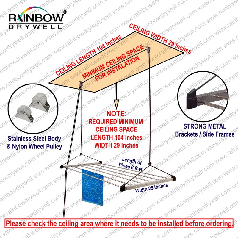 Rainbow Drywell Economy Heavy Duty Stainless Steel 6 Pipe x 8 Feet with UV Protected Nylon Rope Ceiling Cloth Dryer Cloth Drying Stand for Balcony Clothes Stand for Drying - Image 3