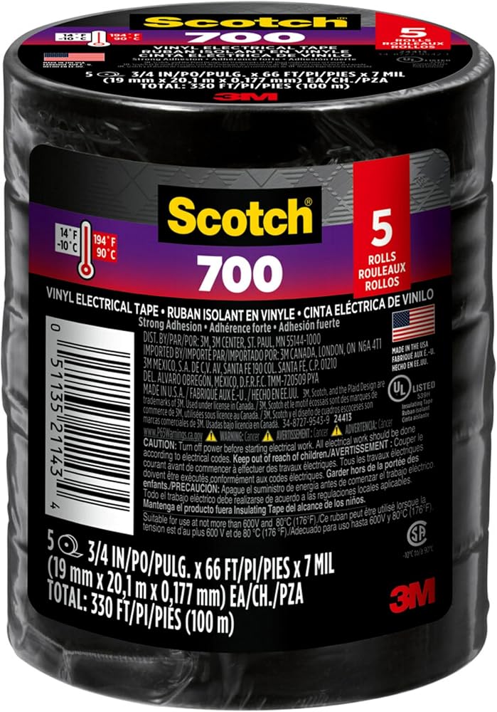 Scotch Vinyl 700 Electrical Tape, 5 Rolls, Black, 3/4-in x 66-ft, Commercial Grade, Rated for Temperatures Up to 194-Degree, Highly flexible, Stretchy and Conformable (24413-BA-6) - Image 1