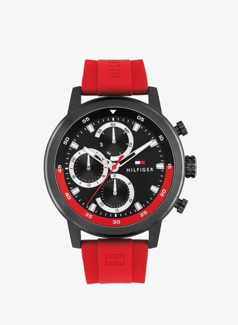 Men's Quartz Multifunction Watch, Black Dial, Red Silicone Strap