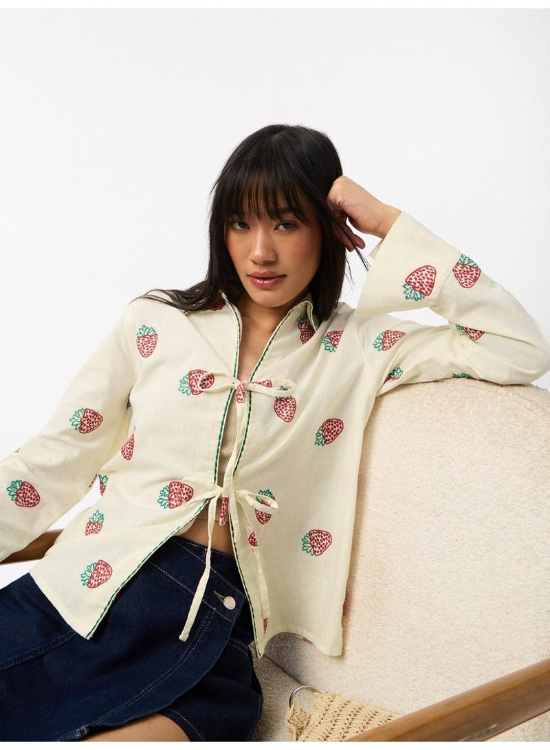 The Souled Store Berry Love: Women and Girls Full Sleeves Collared Cream Floral Embroidered Cotton Regular Fit Lightweight Winter-Ready Shirt for Casual Wear - Image 3