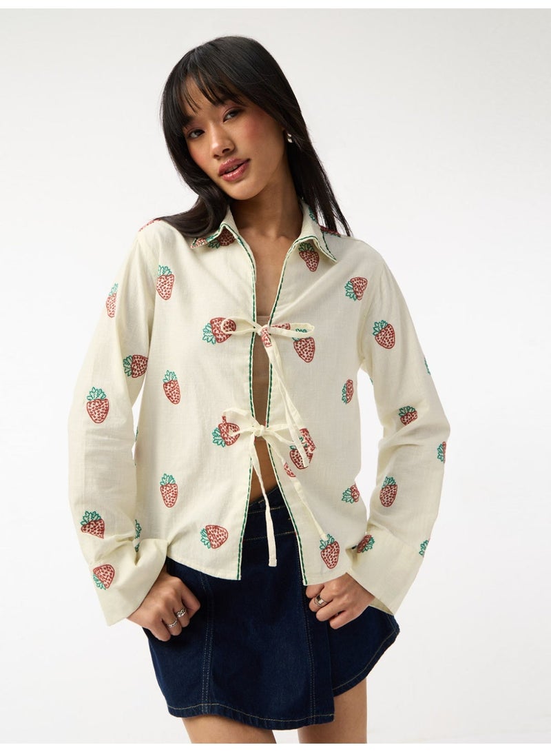 The Souled Store Berry Love: Women and Girls Full Sleeves Collared Cream Floral Embroidered Cotton Regular Fit Lightweight Winter-Ready Shirt for Casual Wear - Image 1