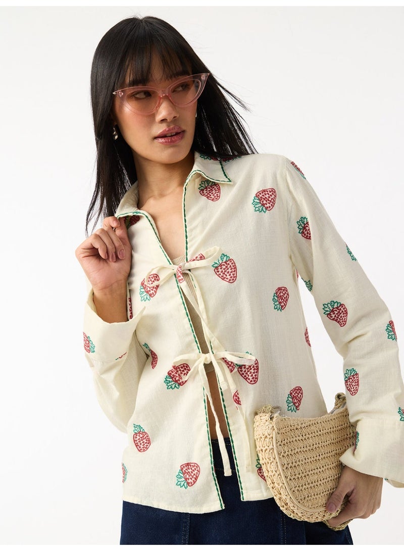 The Souled Store Berry Love: Women and Girls Full Sleeves Collared Cream Floral Embroidered Cotton Regular Fit Lightweight Winter-Ready Shirt for Casual Wear - Image 4