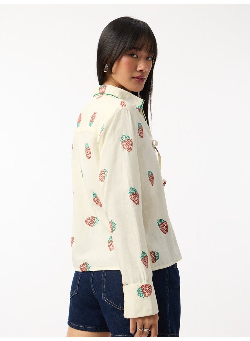 The Souled Store Berry Love: Women and Girls Full Sleeves Collared Cream Floral Embroidered Cotton Regular Fit Lightweight Winter-Ready Shirt for Casual Wear - Image 5