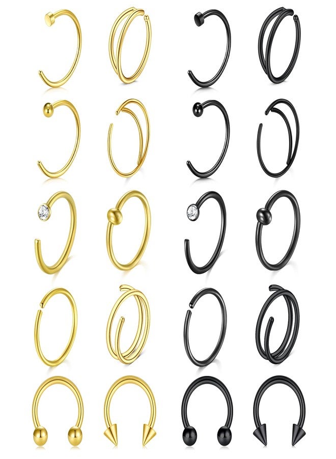 FECTAS 20G Hoop Nose Rings for Women Men C Shape Nose Piercings Jewelry Septum Nose Rings Hoops Nostril Septum Jewelry Cartilage Earrings Gold Black 8mm - Image 1