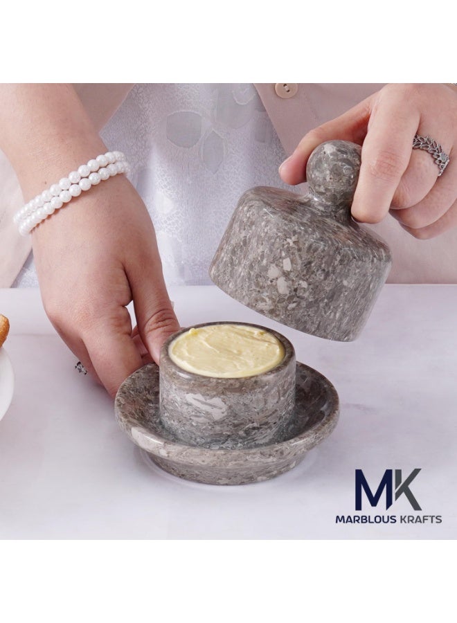 ام كي وعاء زبدة صغير مغطى بالرخام مع غطاء، مصنوع من حجر المحيط، مقاس 4 بوصات، لحفظ الزبدة الطرية القابلة للدهن، مناسب للمنزل والمطبخ. - Image 2