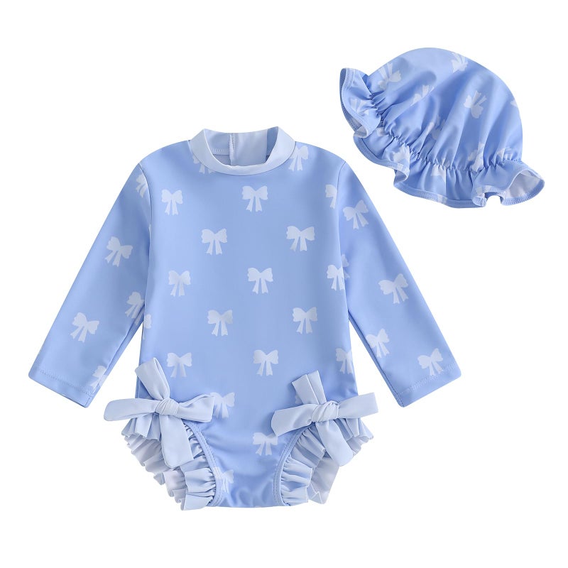 Socutebabe Baby Girl Swimsuit Baby Girls Long Sleeve One Piece Swimsuit Romper with Hat Bathing Suit Toddler Bathing Suit (a-Blue, 6-12 Months) - Image 1