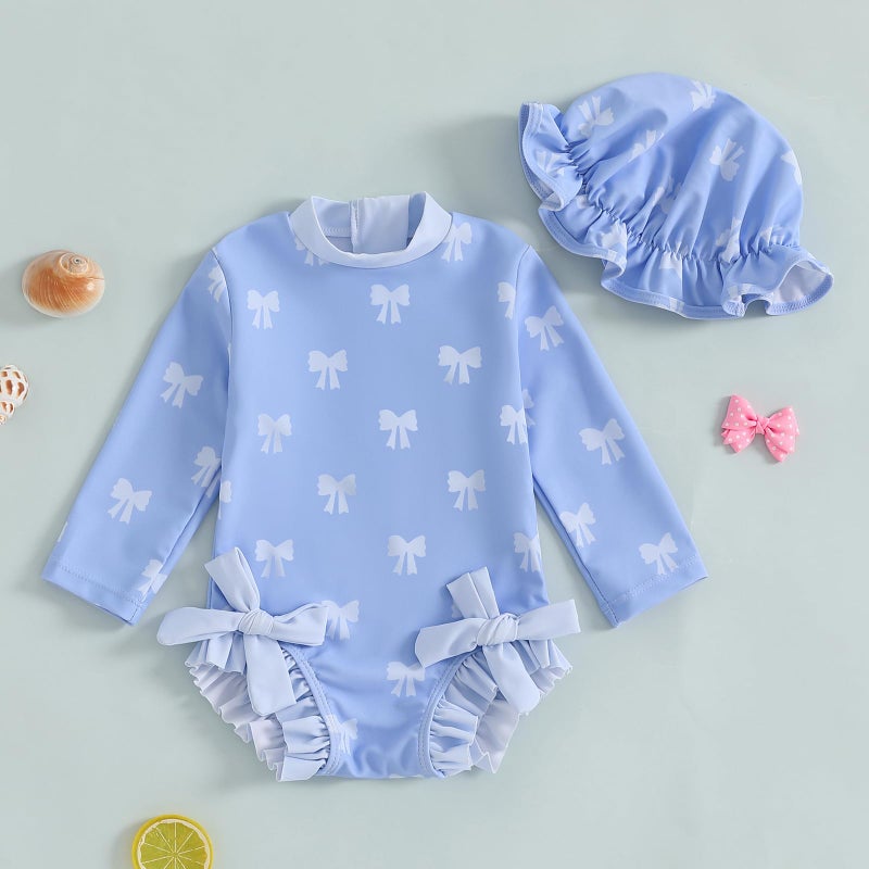 Socutebabe Baby Girl Swimsuit Baby Girls Long Sleeve One Piece Swimsuit Romper with Hat Bathing Suit Toddler Bathing Suit (a-Blue, 6-12 Months) - Image 3