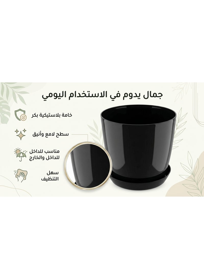 شالية زرع بلاستيك لامعة مع طبق، أسود، قطر 30 سم - Image 2