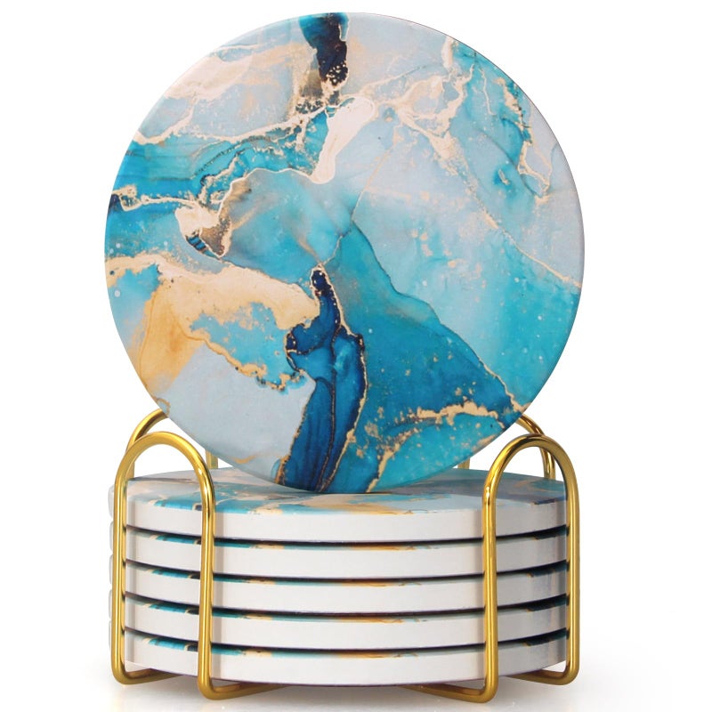 Dksyee 6 Pcs Light Blue Marble Abstract Ceramic Coasters with Holder Best Round Drink Absorbent Coasters for Desk, Lounge, Coffee, Wine, Beverage, Dining Table Decor, Bar Coaster Set - Image 1