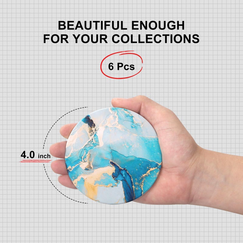 Dksyee 6 Pcs Light Blue Marble Abstract Ceramic Coasters with Holder Best Round Drink Absorbent Coasters for Desk, Lounge, Coffee, Wine, Beverage, Dining Table Decor, Bar Coaster Set - Image 4