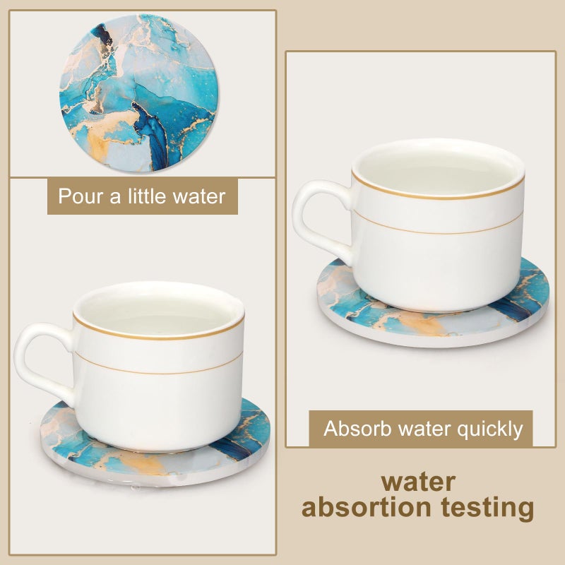 Dksyee 6 Pcs Light Blue Marble Abstract Ceramic Coasters with Holder Best Round Drink Absorbent Coasters for Desk, Lounge, Coffee, Wine, Beverage, Dining Table Decor, Bar Coaster Set - Image 2