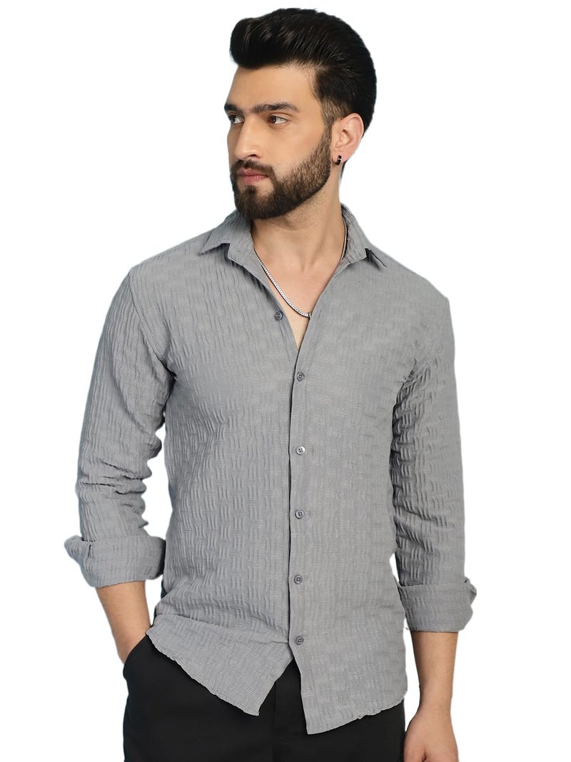 Indian Needle Light Grey Woven Design Casual Shirt for Mens. (Light Grey, L) - Image 1