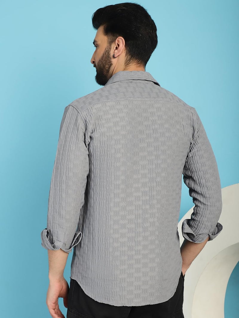 Indian Needle Light Grey Woven Design Casual Shirt for Mens. (Light Grey, L) - Image 2