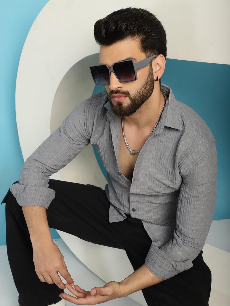 Indian Needle Light Grey Woven Design Casual Shirt for Mens. (Light Grey, L) - Image 5