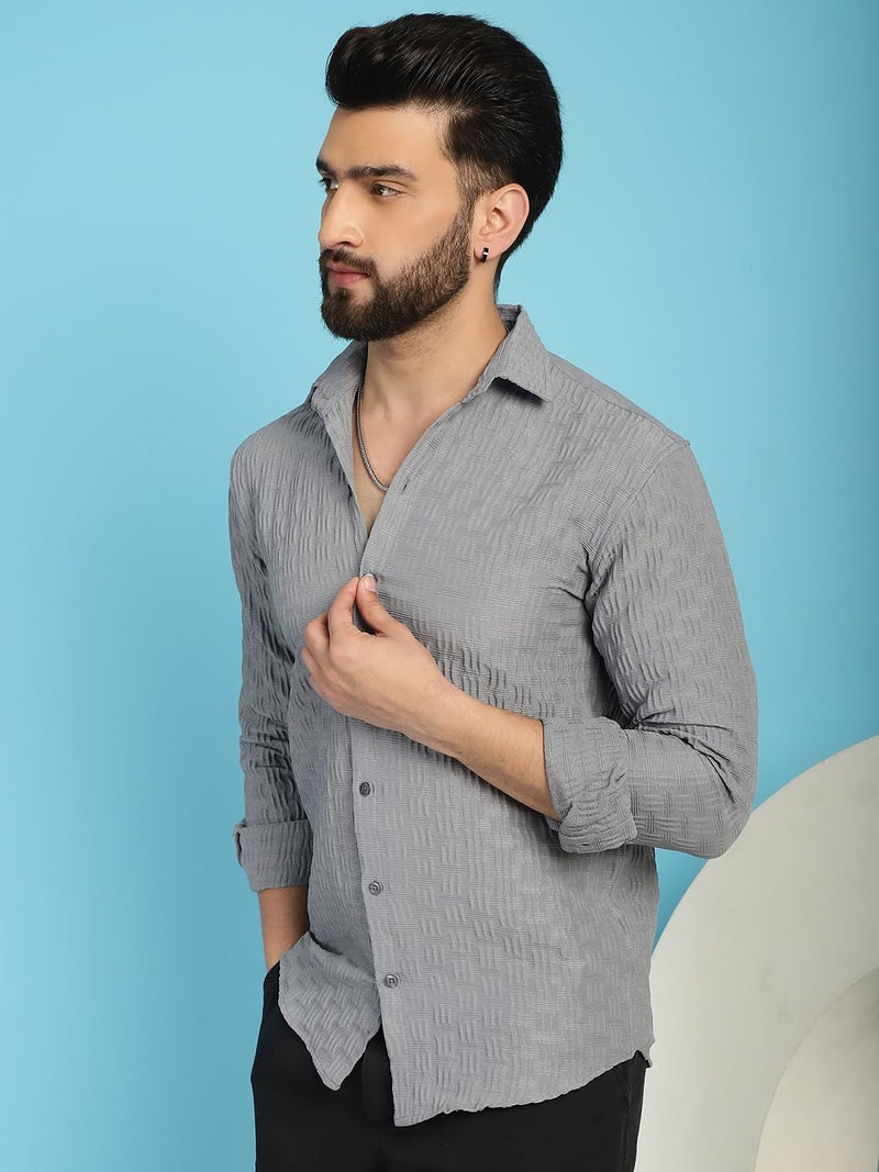 Indian Needle Light Grey Woven Design Casual Shirt for Mens. (Light Grey, L) - Image 3