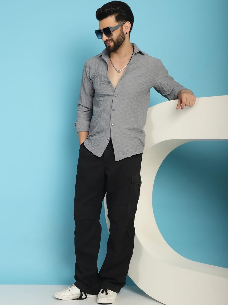 Indian Needle Light Grey Woven Design Casual Shirt for Mens. (Light Grey, L) - Image 4